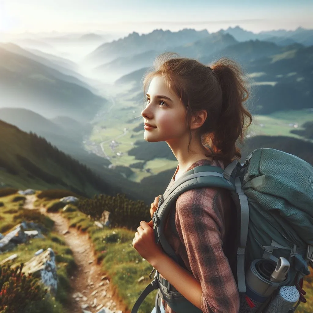 Joven excursionista contemplando un valle entre montañas