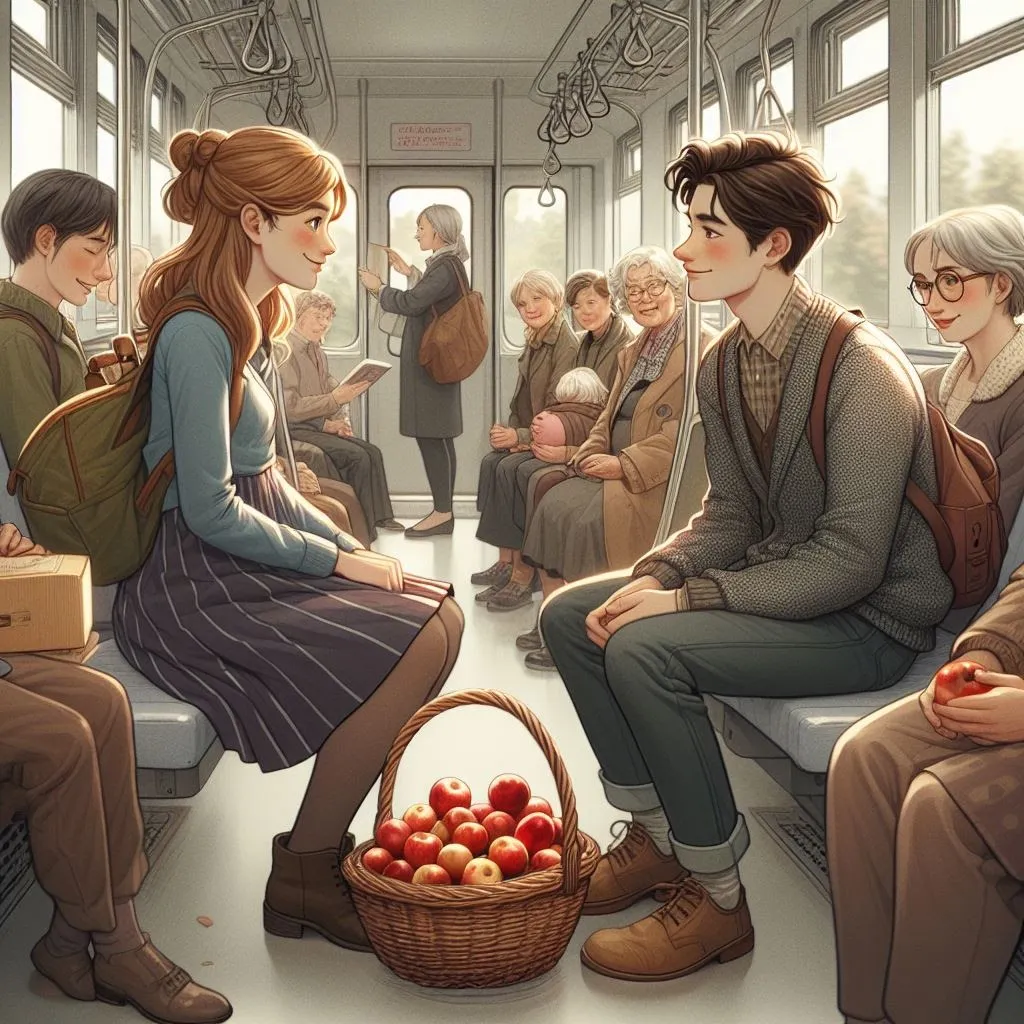Jóvenes conversando en un tren junto a una cesta de manzanas