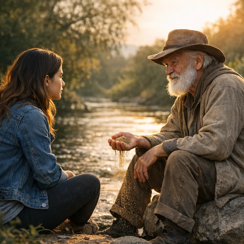 Niña conversando con un hombre mayor junto a un río