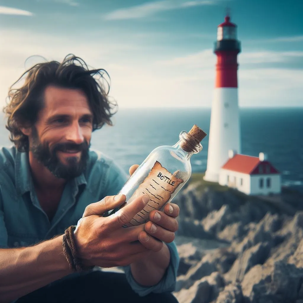 Hombre sosteniendo una botella junto a un faro
