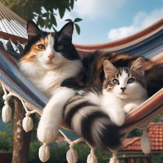 Gato adulto y gatito descansando en una hamaca