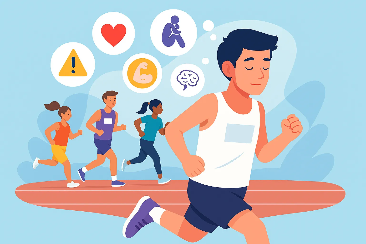 Persona corriendo rodeada de iconos de salud y emociones