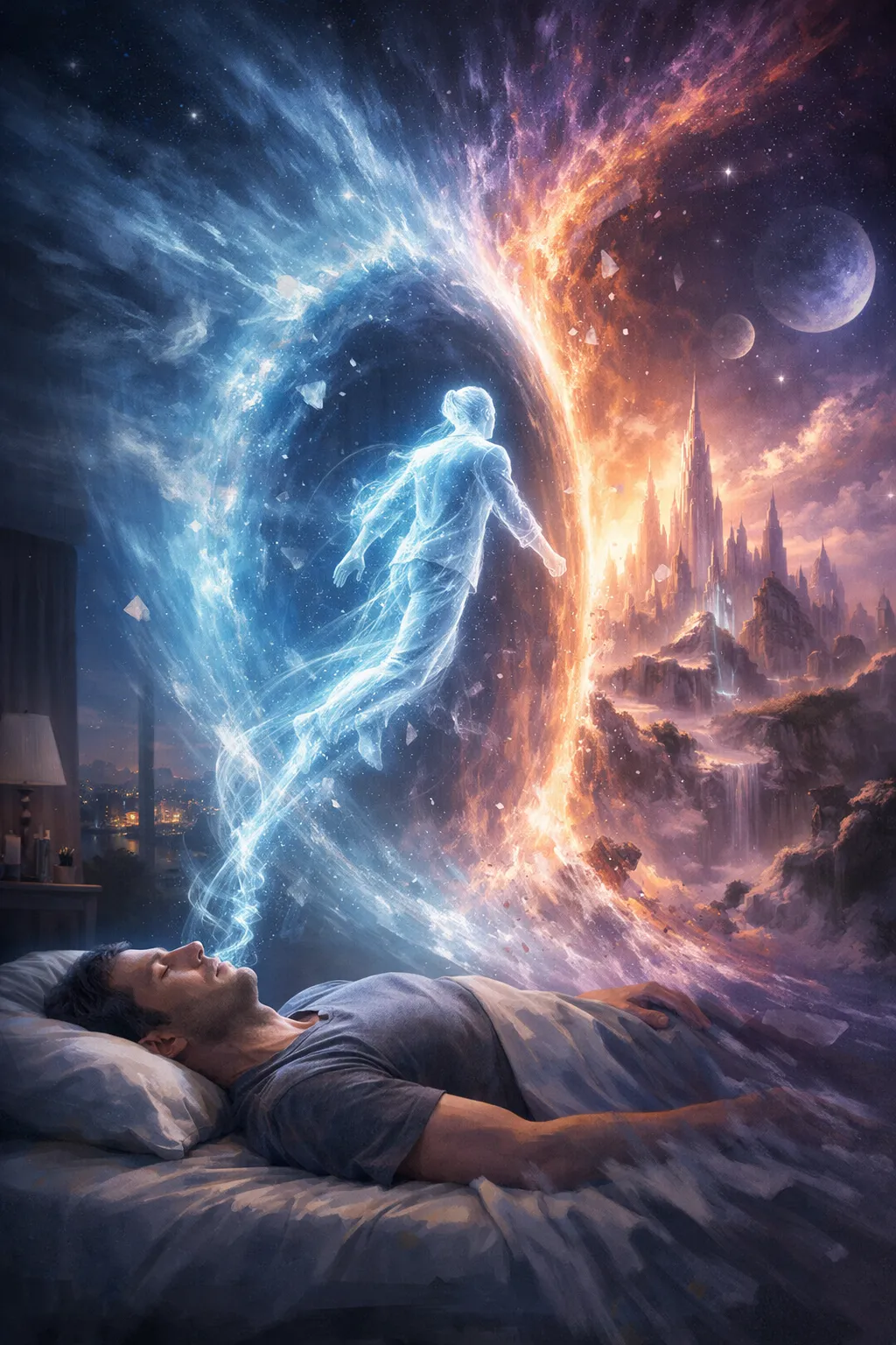 Figura dormida bajo un portal de luz cósmica