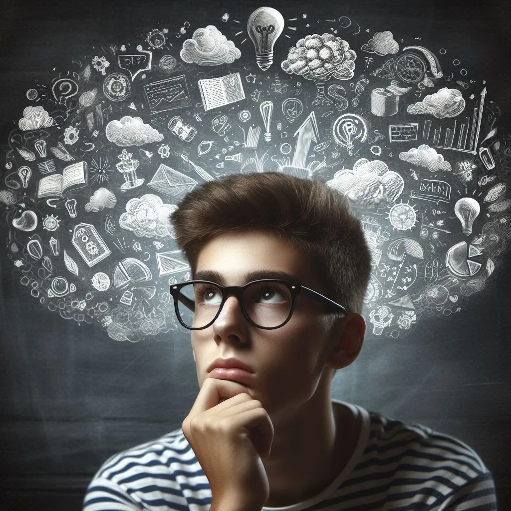Joven con gafas reflexionando entre dibujos y anotaciones