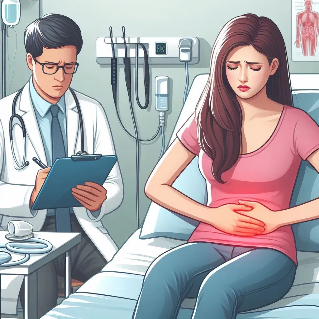 Mujer con dolor abdominal atendida por una médica