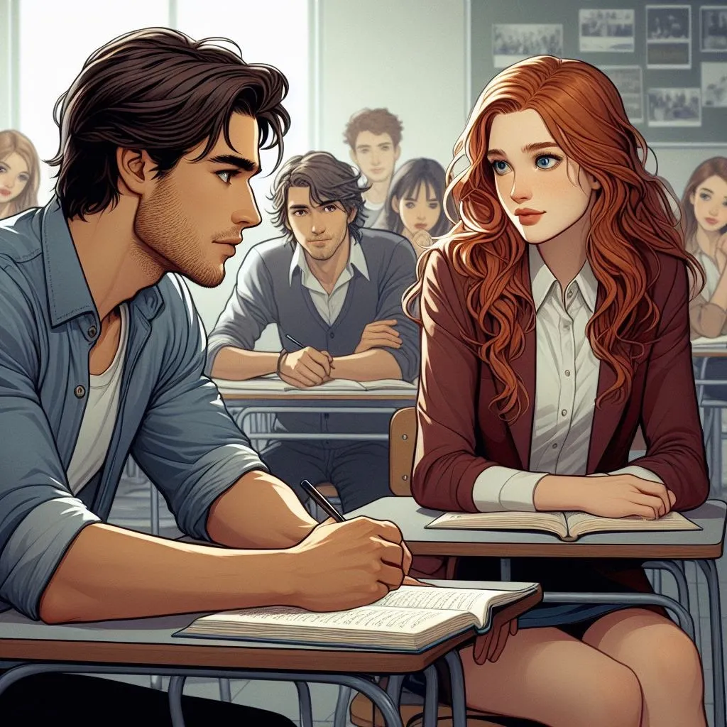 Pareja joven conversando en un aula
