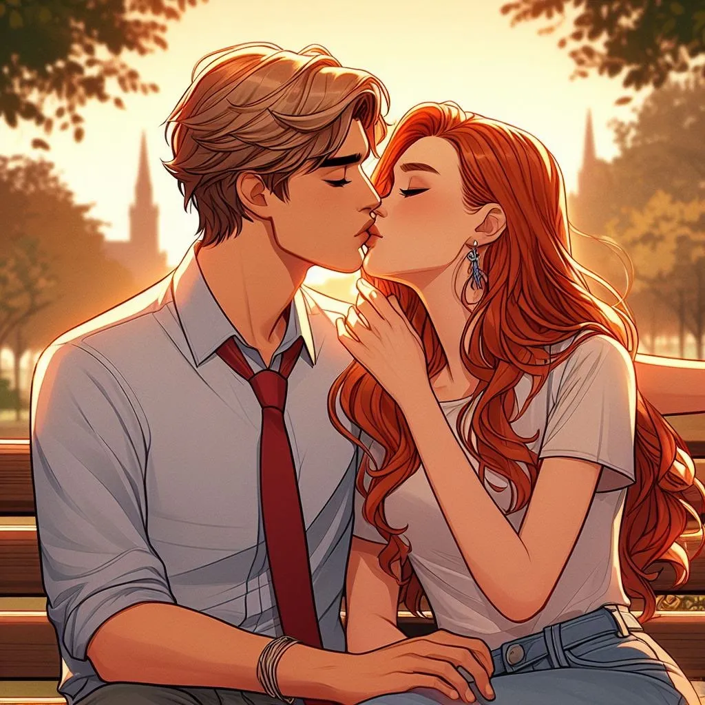 Pareja besándose en un banco