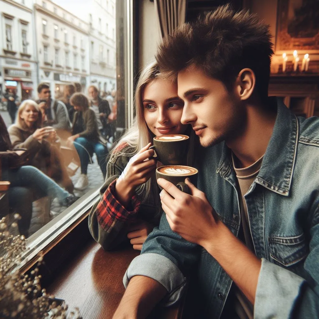 Pareja compartiendo bebidas junto a una ventana