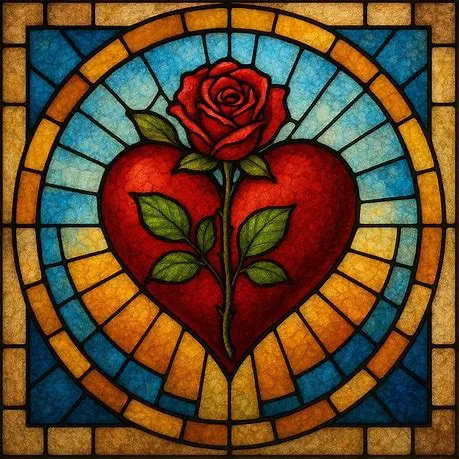 Corazón de vidriera con una rosa roja en el centro