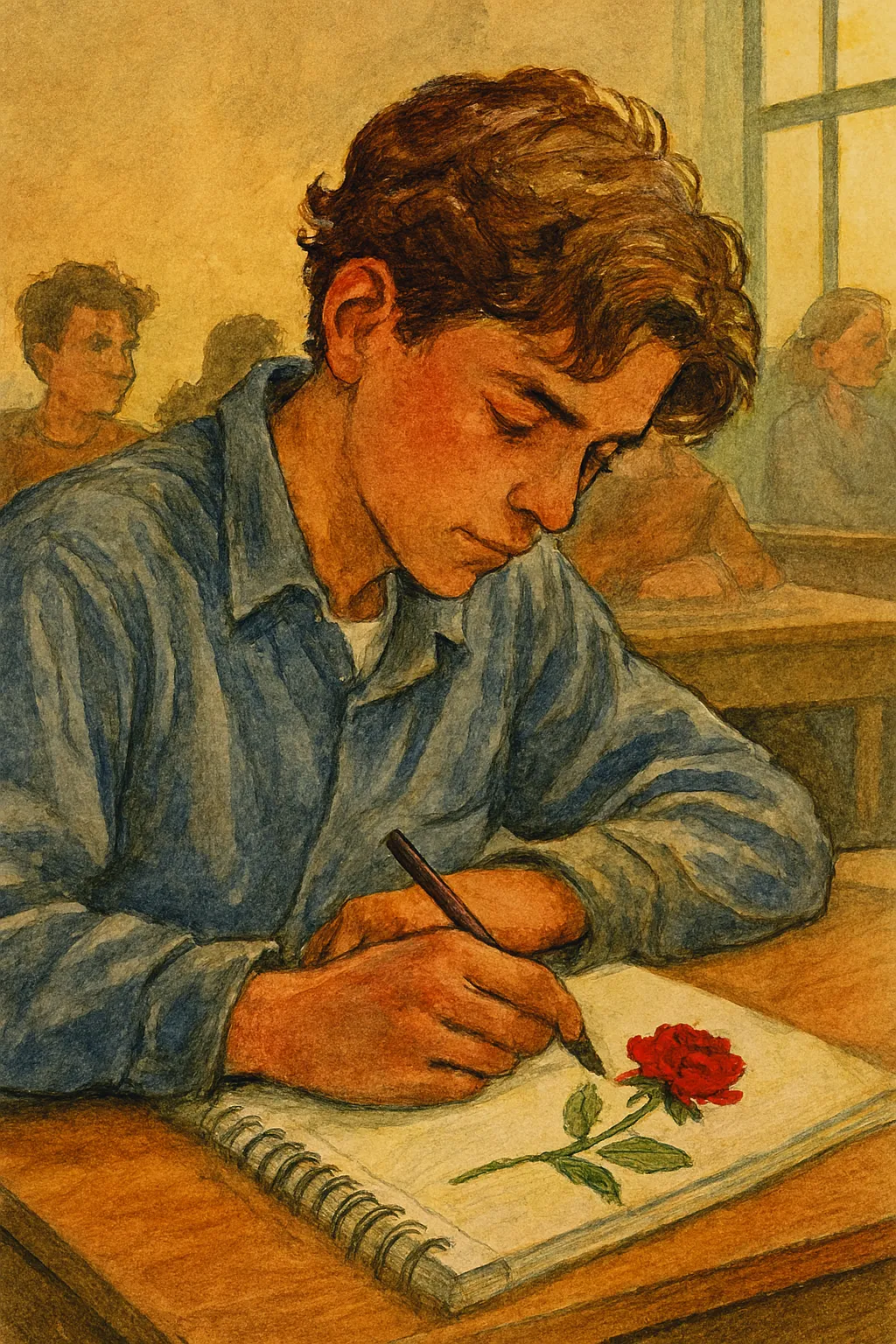 Adolescente escribiendo junto al dibujo de una rosa