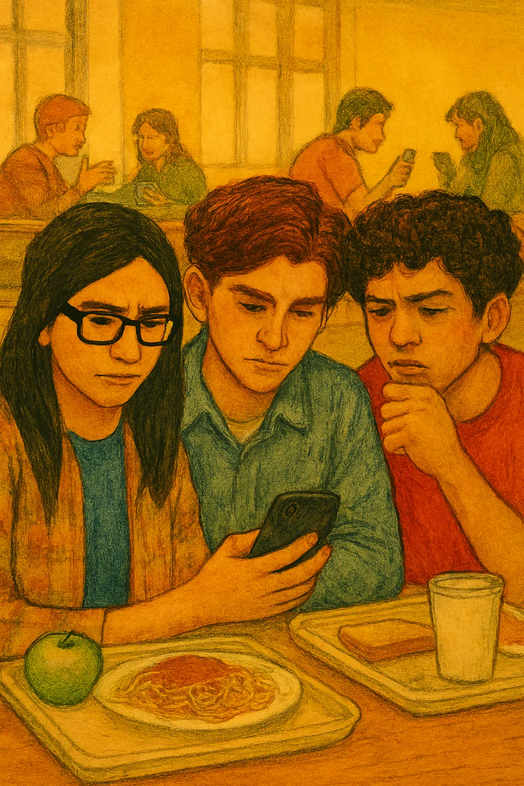 Tres amigos mirando un teléfono durante una comida