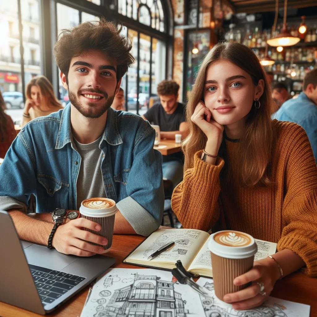 Dos jóvenes estudiando juntos con sendas tazas de café