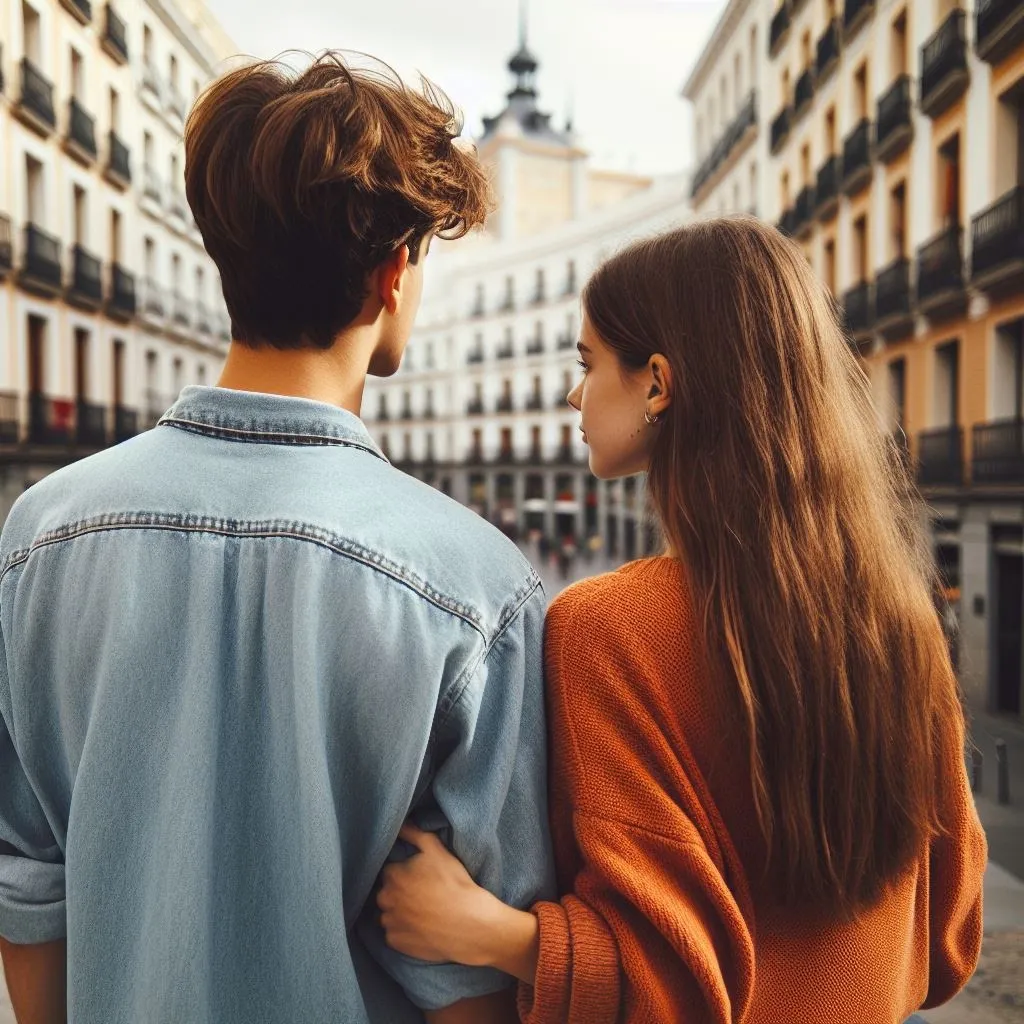 Pareja caminando junta por una calle de la ciudad