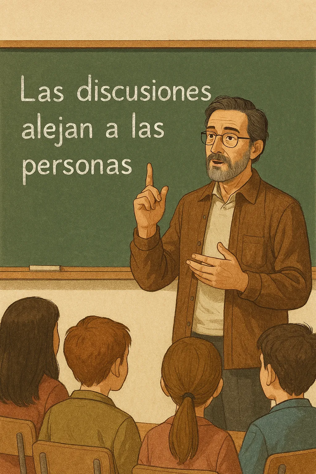 Profesor explicando en una pizarra que las discusiones alejan a las personas