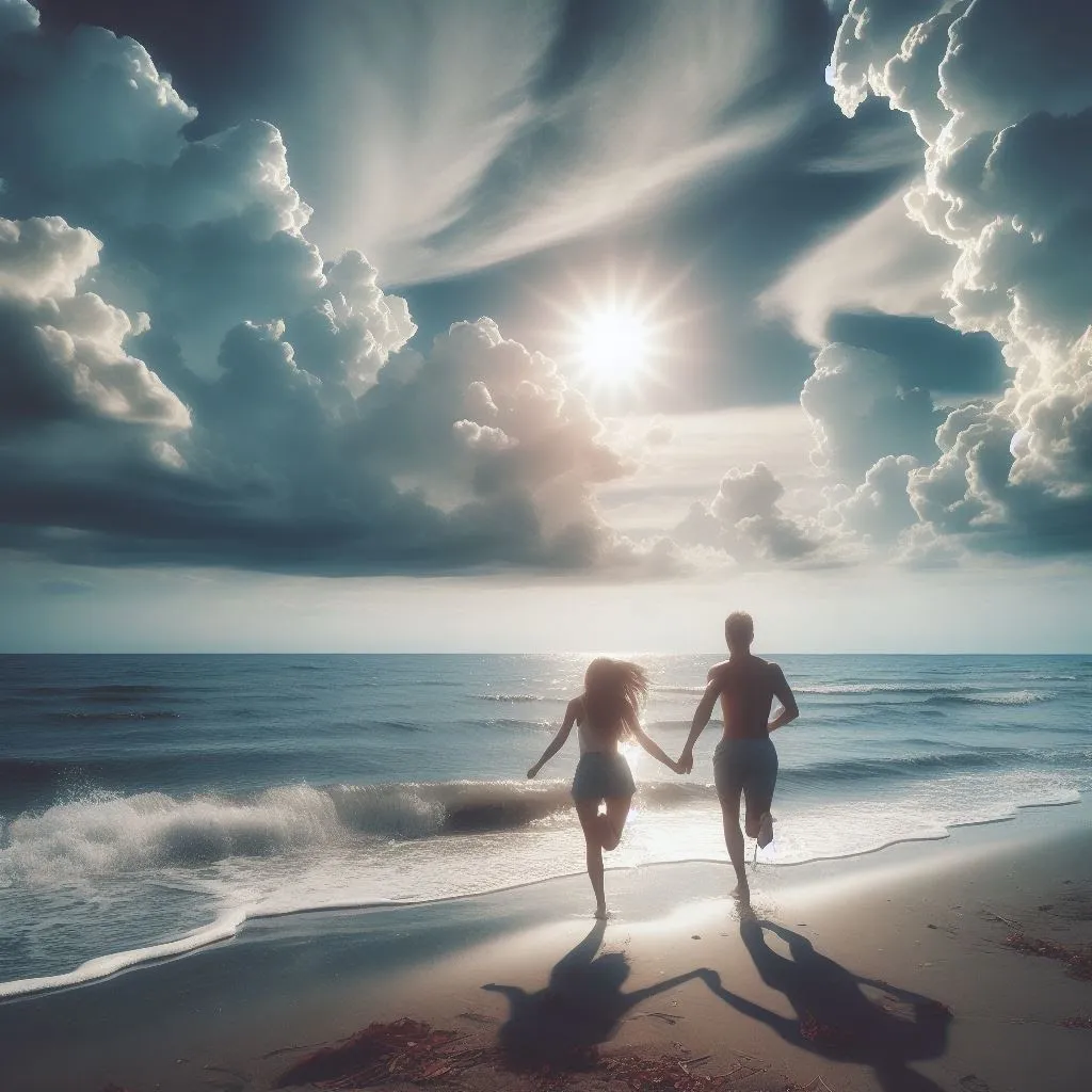 Pareja corriendo de la mano por la orilla del mar