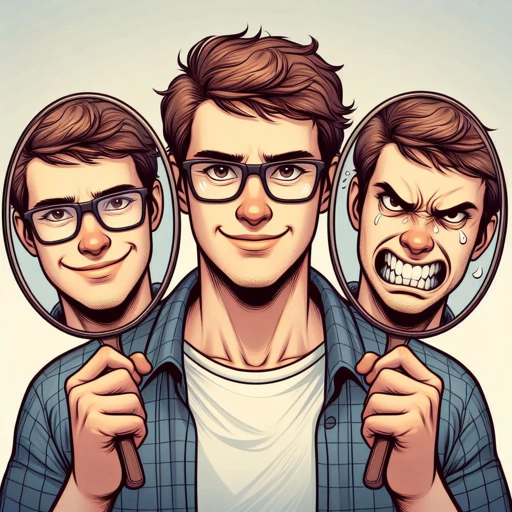Hombre sosteniendo máscaras sonriente y enfadada