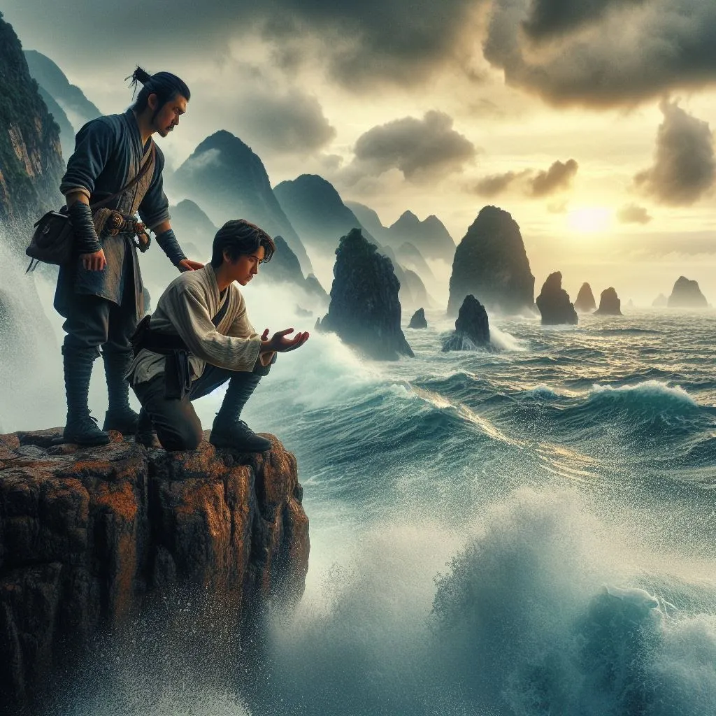 Un maestro guía a un joven frente a un mar embravecido