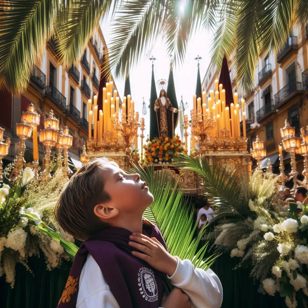 Niño contemplando un paso religioso en una procesión