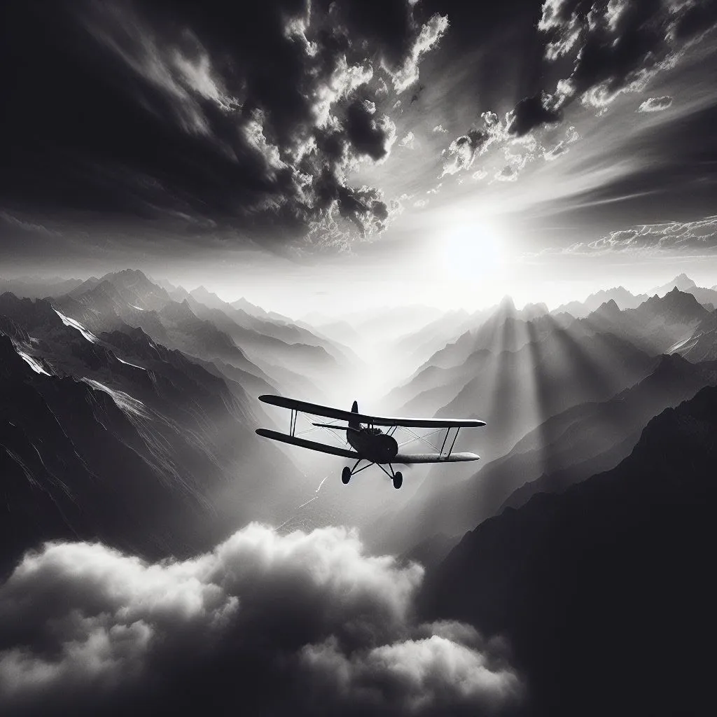 Avión volando entre nubes de tormenta y rayos de sol