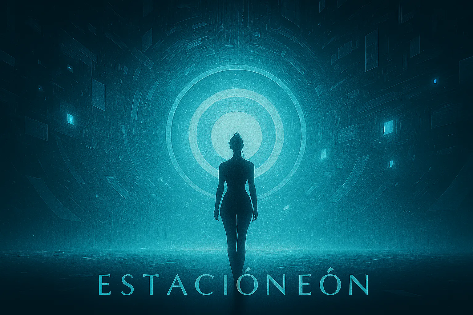 Figura frente a un portal luminoso en una ilustración de Estación Eón