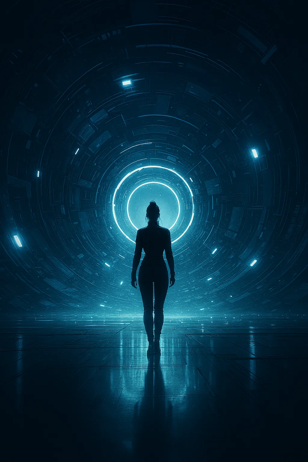 Figura caminando hacia un portal azul
