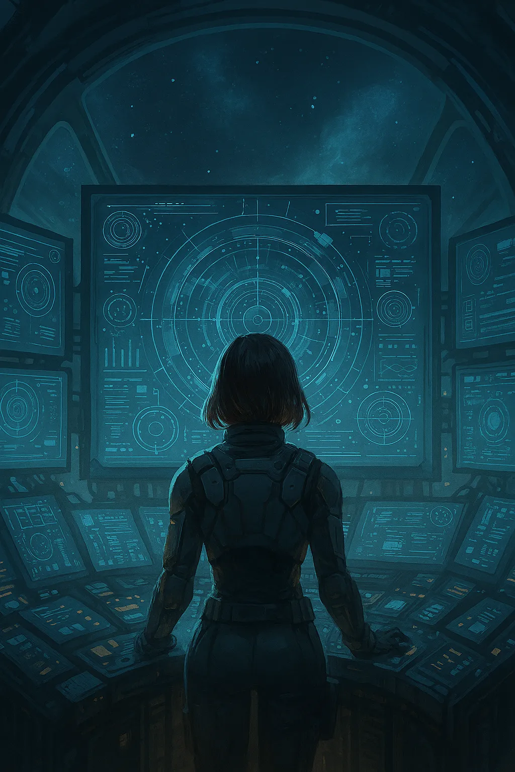 Mujer frente a una pantalla futurista