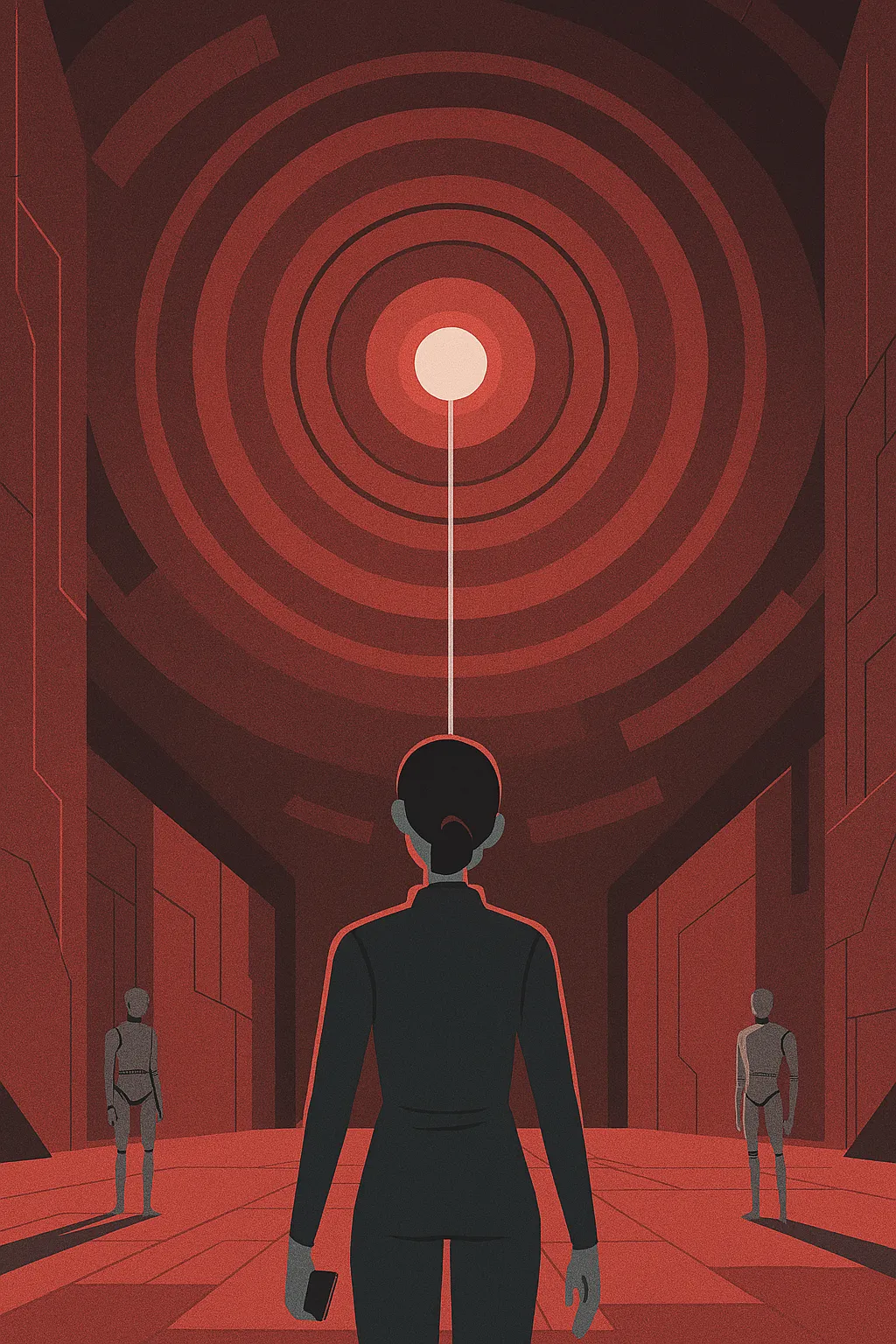 Figura frente a un portal rojo concéntrico
