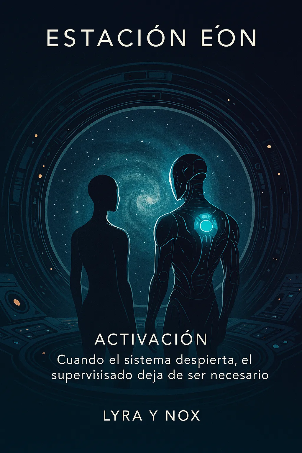 Dos figuras frente a un portal en la portada de Activación de Estación Eón
