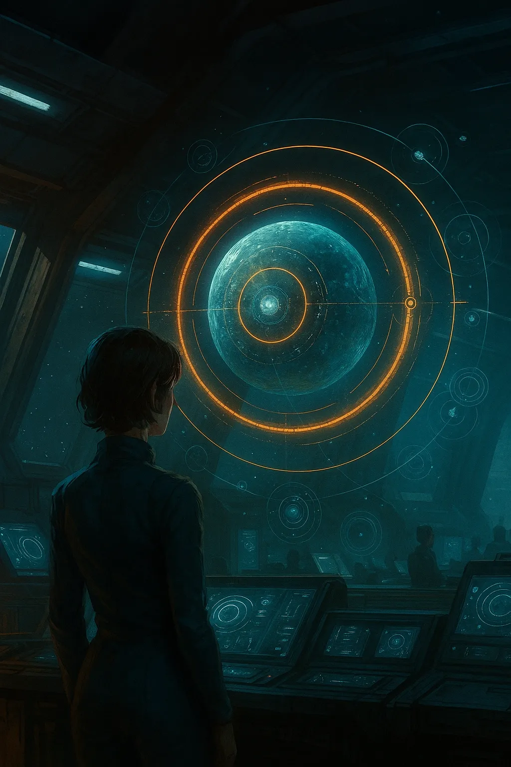 Figura ante una consola y un portal luminoso