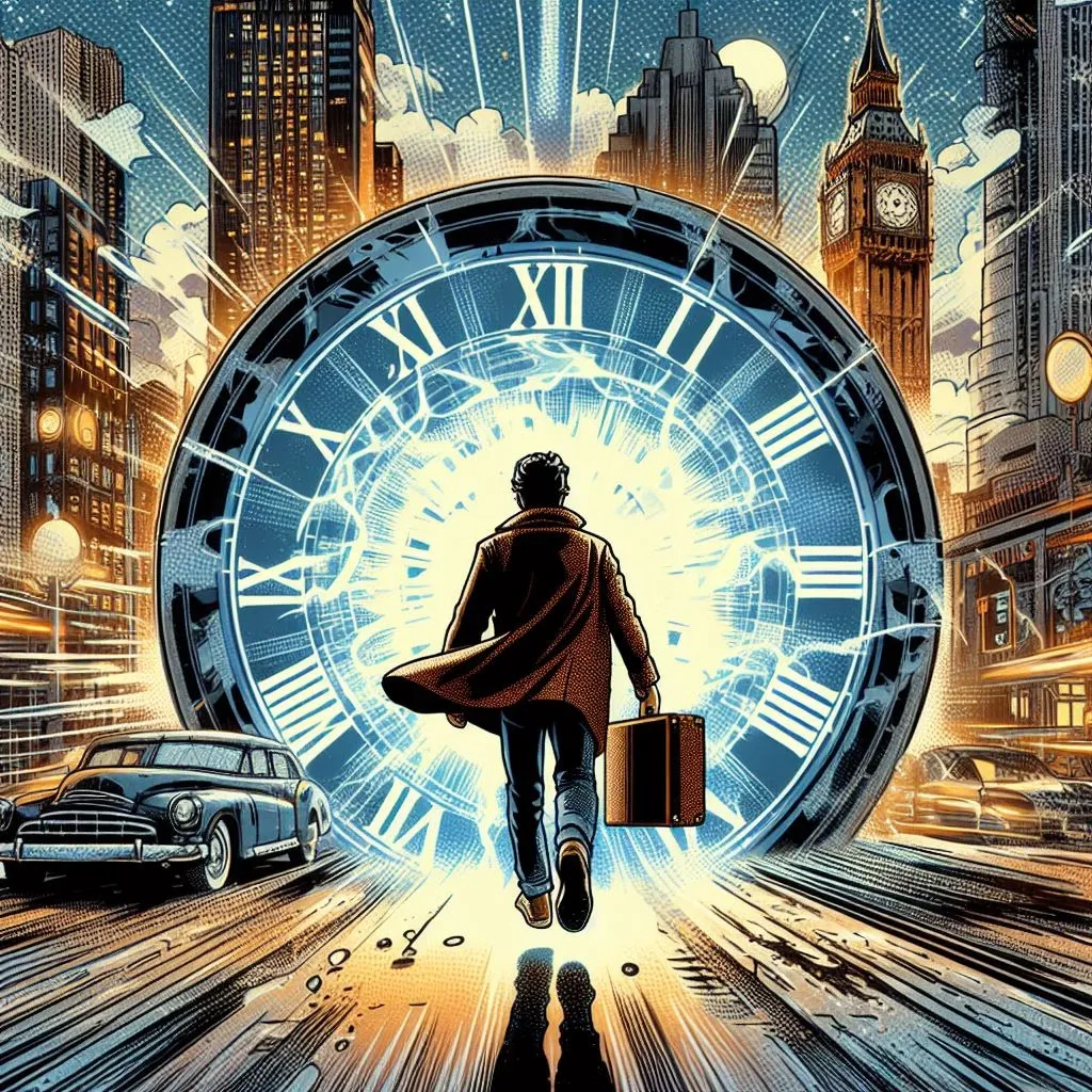 Viajero entrando en un portal con forma de reloj
