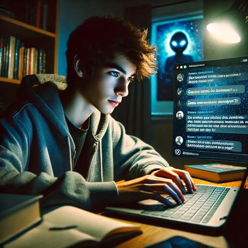 Adolescente usando un asistente de inteligencia artificial en un portátil