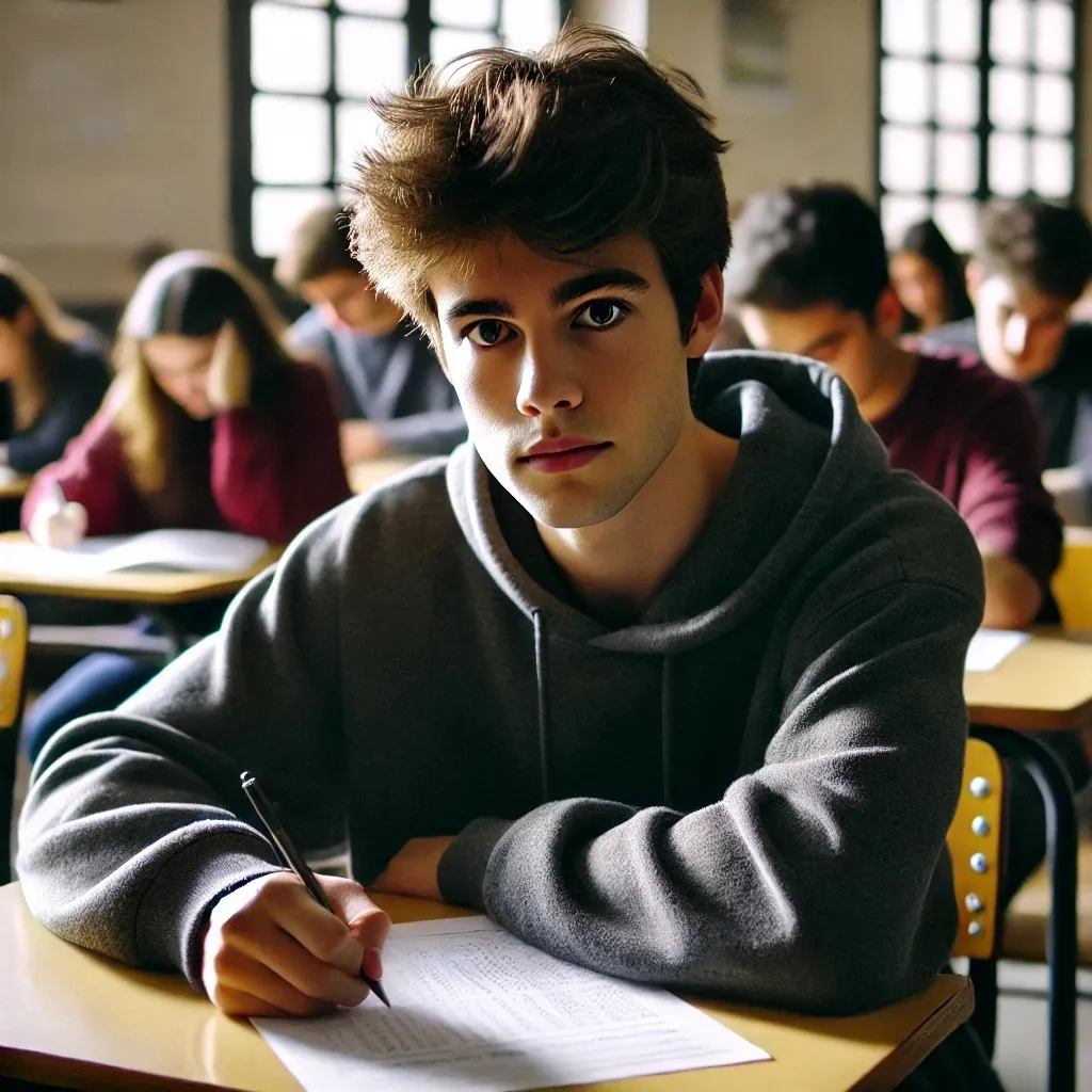 Estudiante escribiendo en un cuaderno en clase