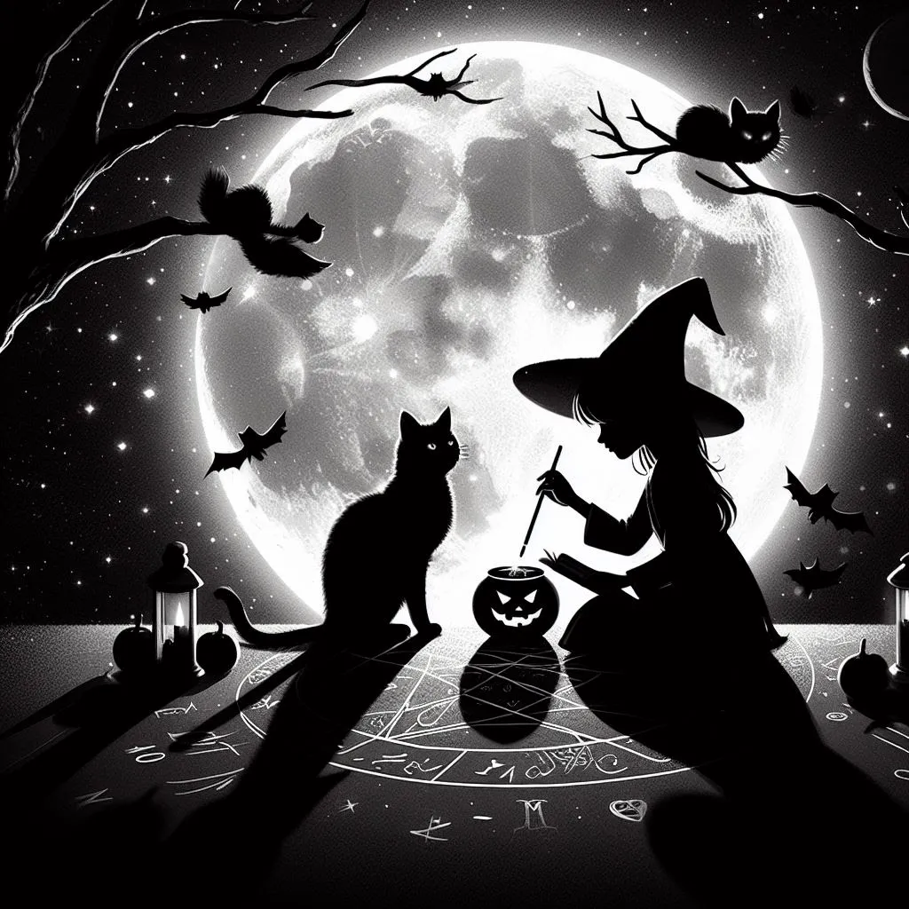 Joven y gato frente a una luna llena