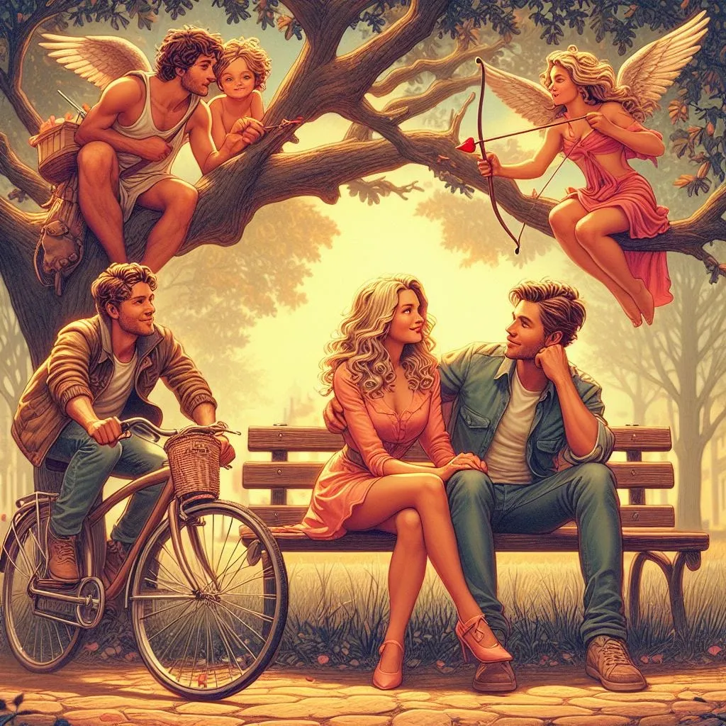 Pareja en un banco rodeada por dos figuras de cupido