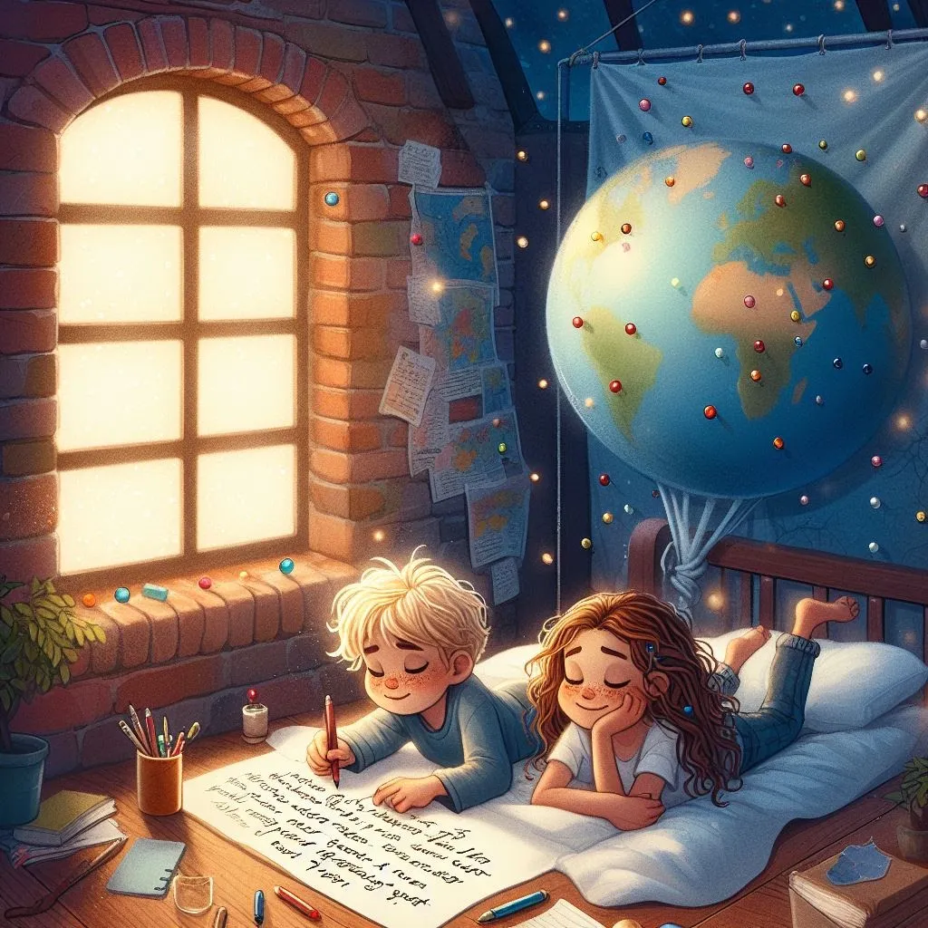Dos niños escribiendo una lista sobre una cama