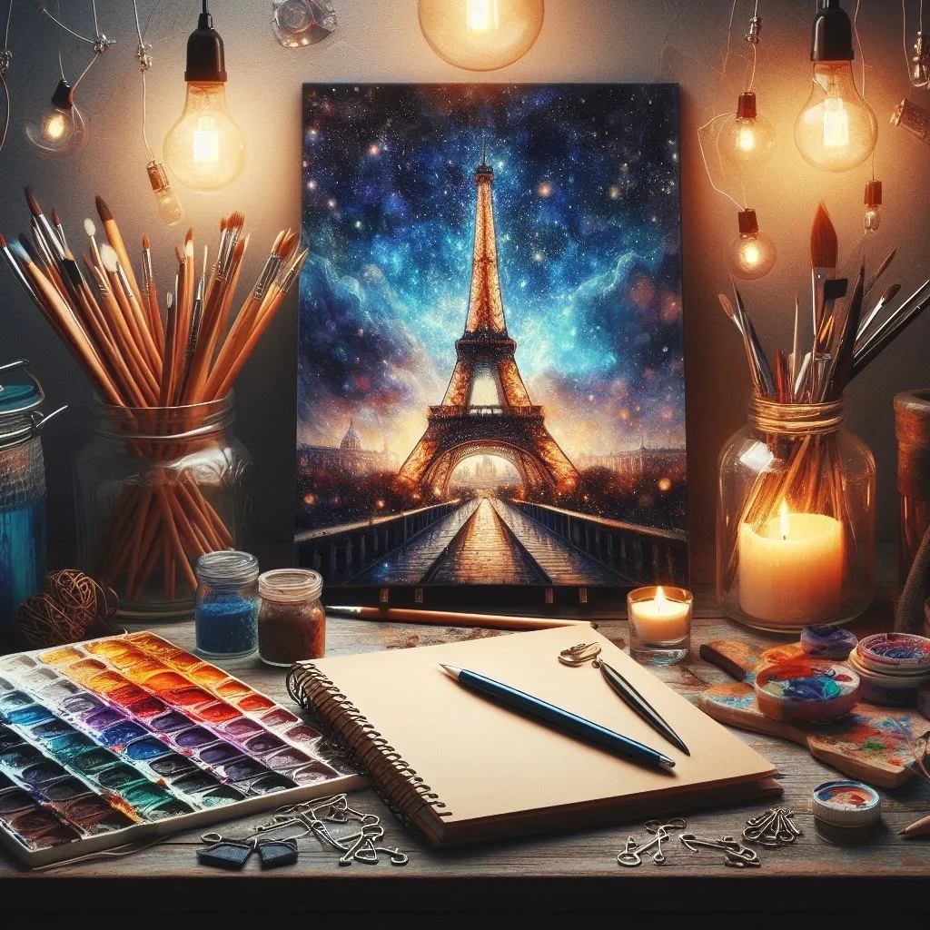 Mesa de dibujo con una pintura de la Torre Eiffel