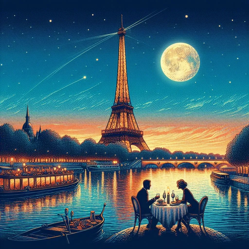 Pareja cenando frente a la Torre Eiffel bajo la luna