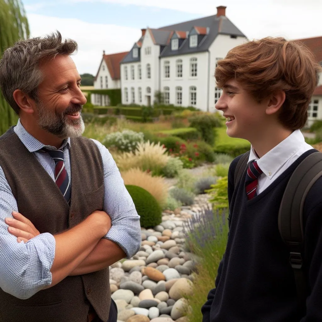 Hombre mayor conversando con un estudiante junto a una escuela