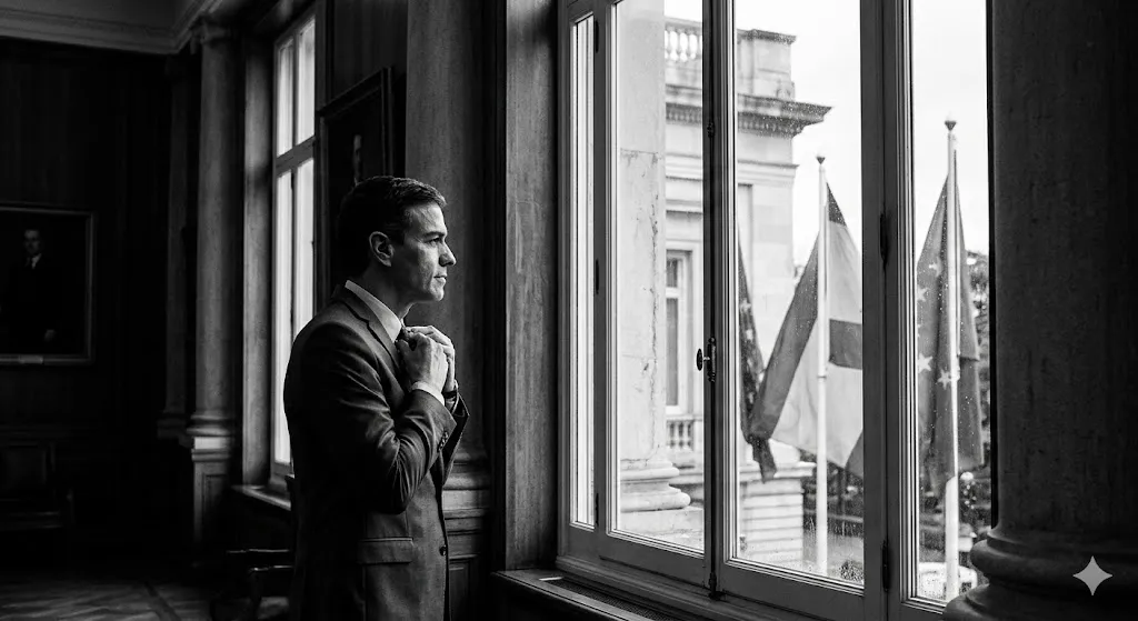 Hombre mirando una ciudad y varias banderas desde una ventana