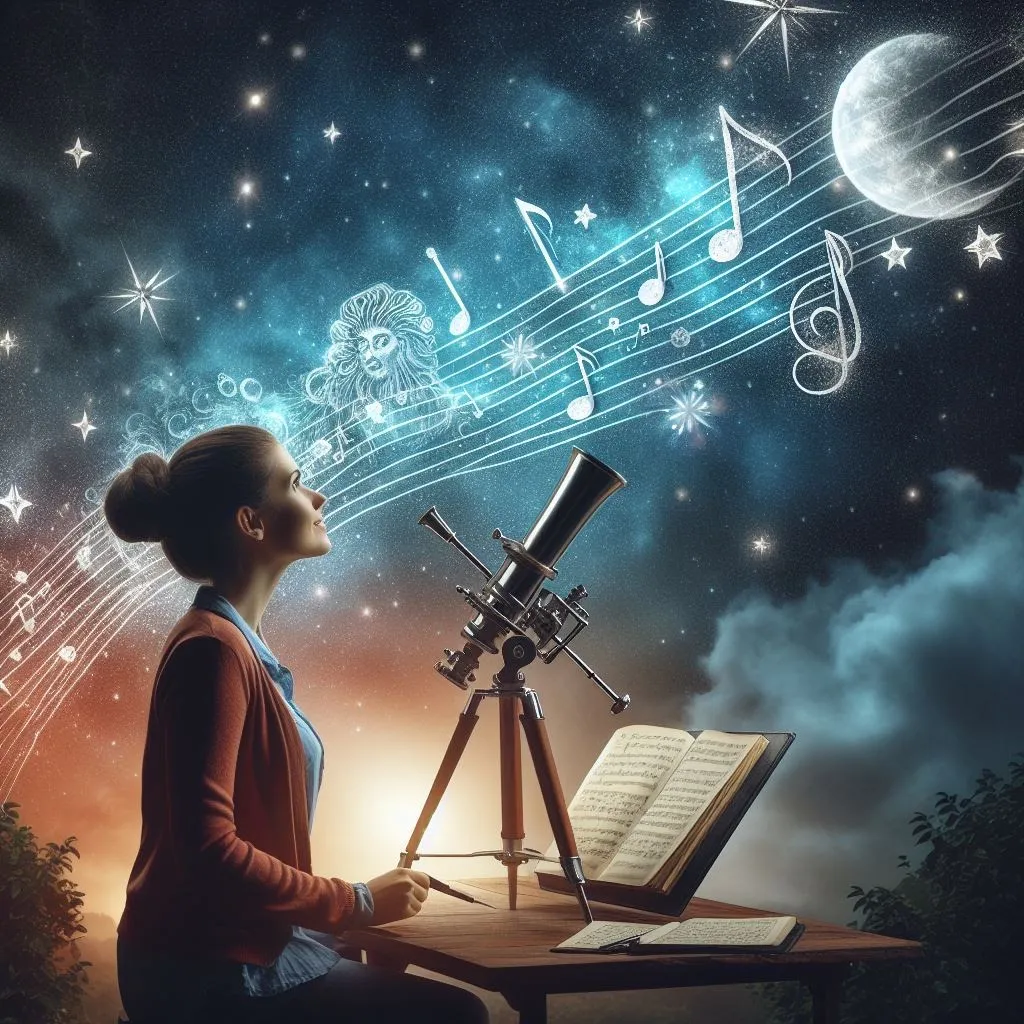 Persona observando las estrellas con un telescopio entre notas musicales