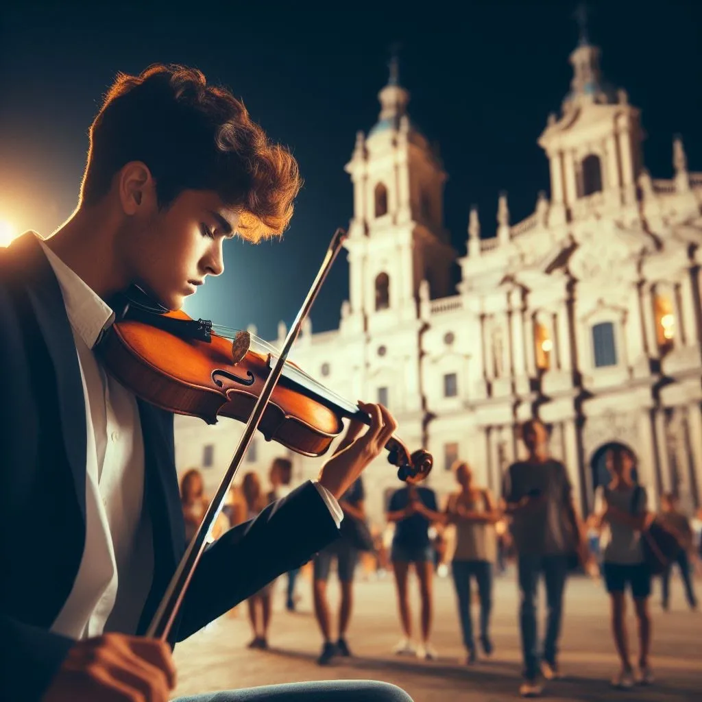 Violinista actuando ante una iglesia y un grupo de personas