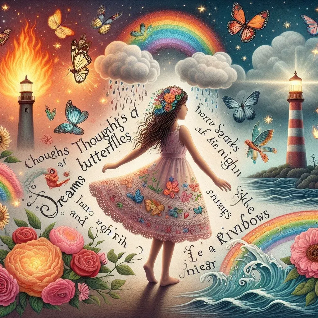 Joven rodeada de palabras y elementos coloridos en una ilustración sobre la alegría