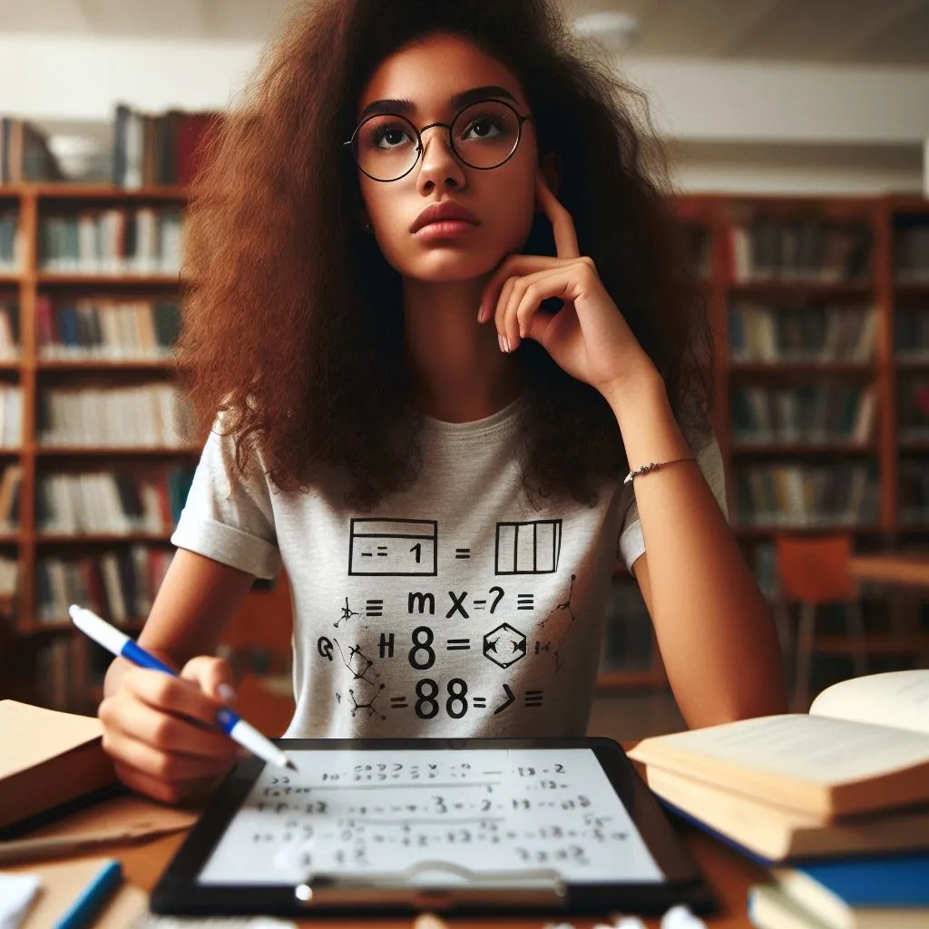 Joven resolviendo ejercicios de matemáticas en una biblioteca