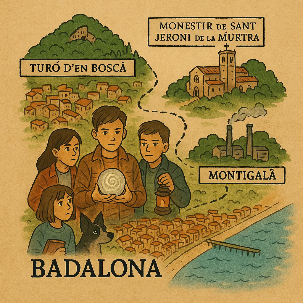 Mapa ilustrado de Badalona con el Turó d’en Boscà, Sant Jeroni de la Murtra y Montigalà