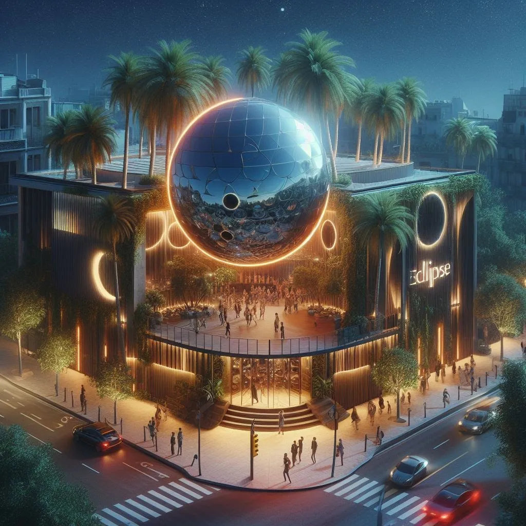 Exterior nocturno de una discoteca futurista
