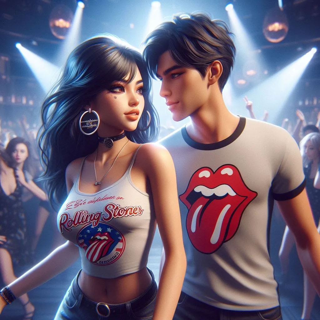 Pareja joven bailando con camisetas de los Rolling Stones