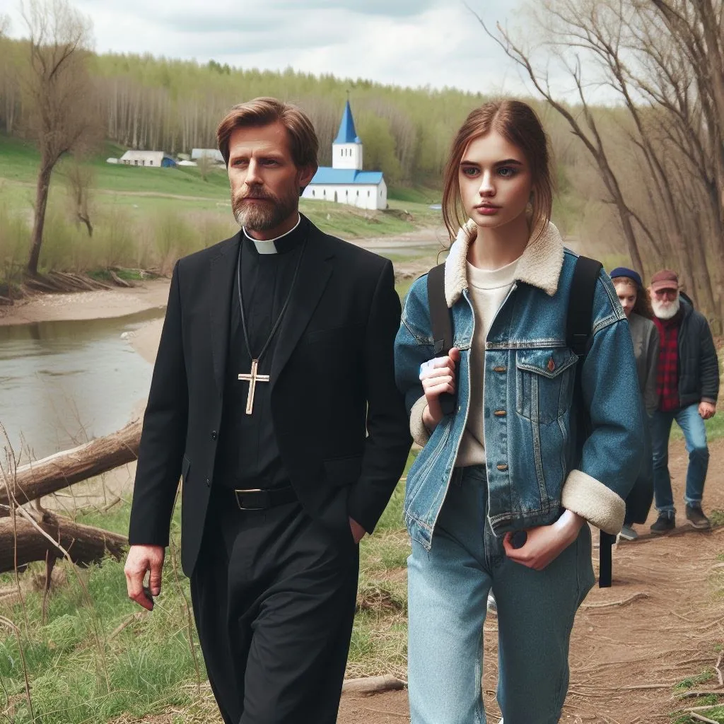 Sacerdote caminando junto a una joven