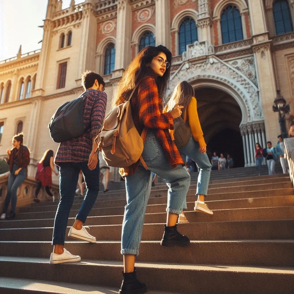 Jóvenes subiendo las escaleras de un edificio histórico de Barcelona