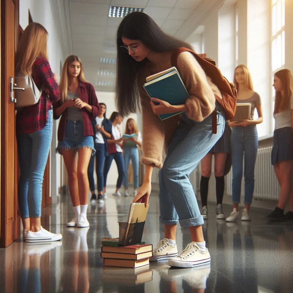 Estudiante recogiendo libros mientras otros jóvenes observan